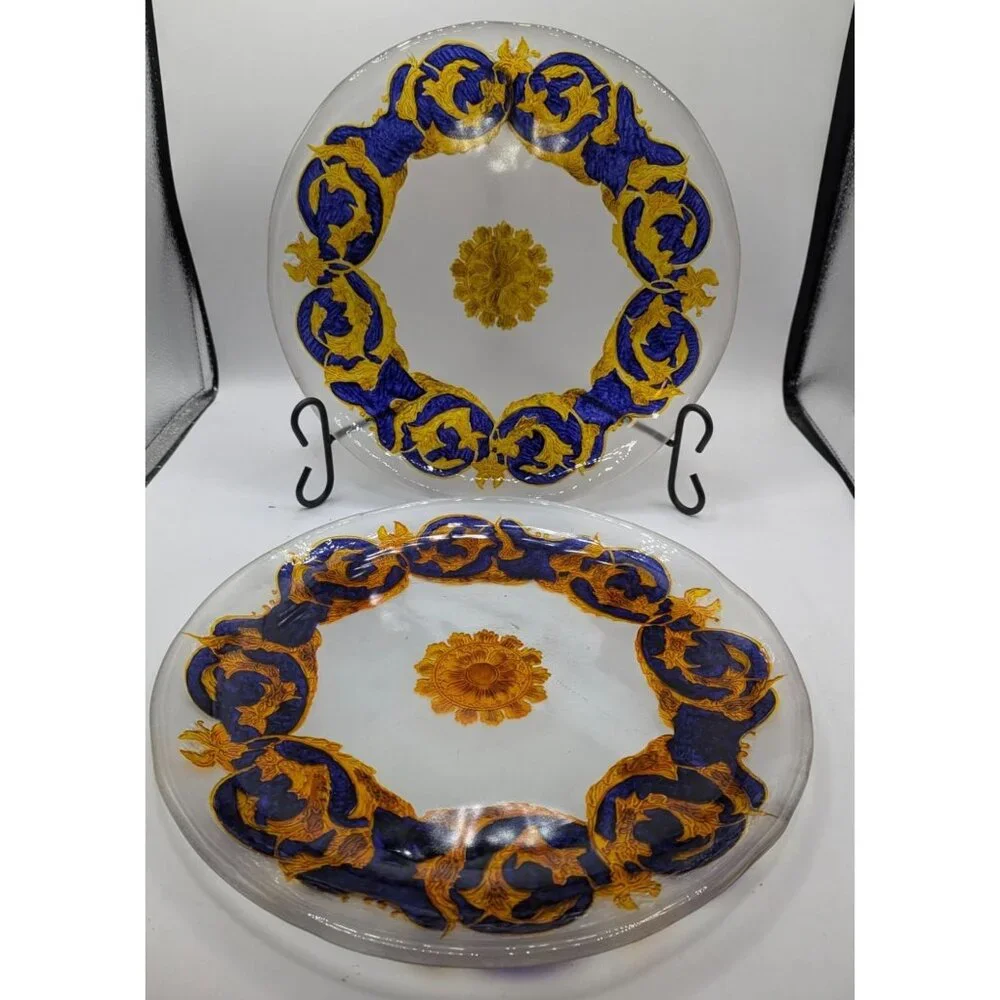 Vintage Singl3 Glass Decorative Plate w Blue Gold Hand Painted Versace Style 14